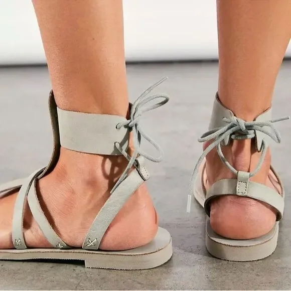 NWB Free People Vacation Day Wrap Sandals Leather Shoes Sky Blue Gray - Picture 2 of 10